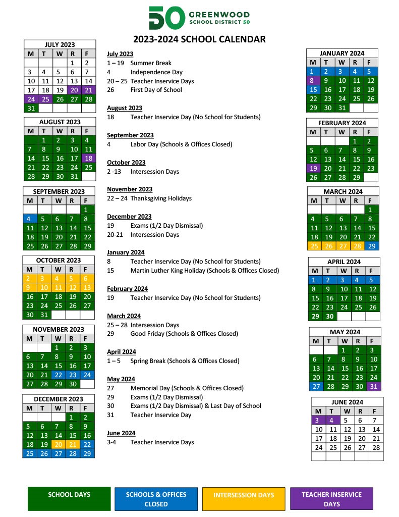 School Calendars 20232024 Greenwood and Abbeville County Weston